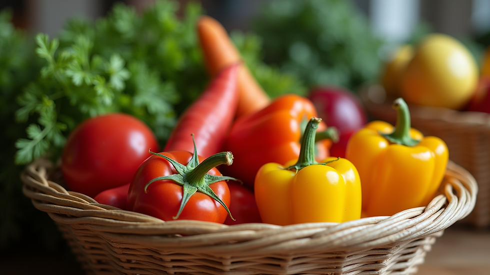 Eye-level view of a variety of colorful vegetables in a basket