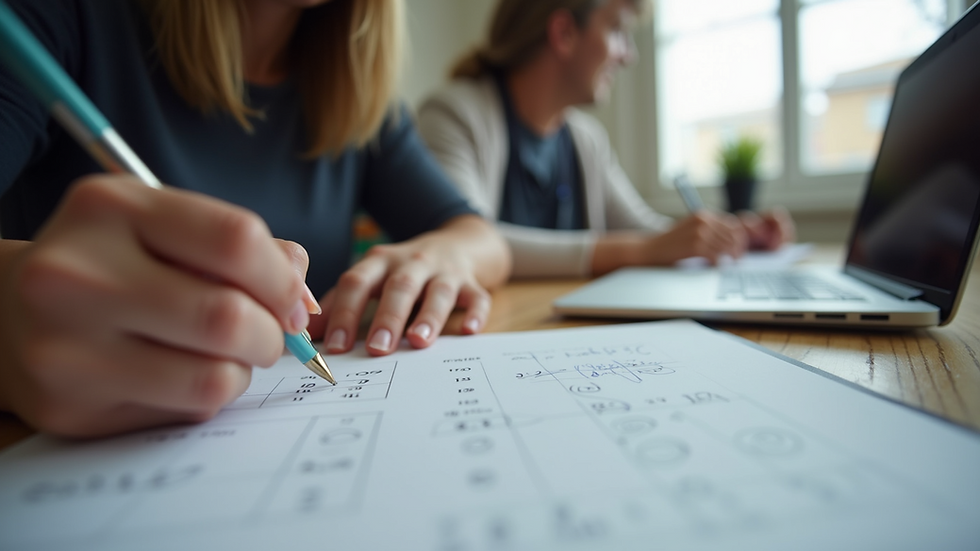 Eye-level view of a student working on math problems with a tutor