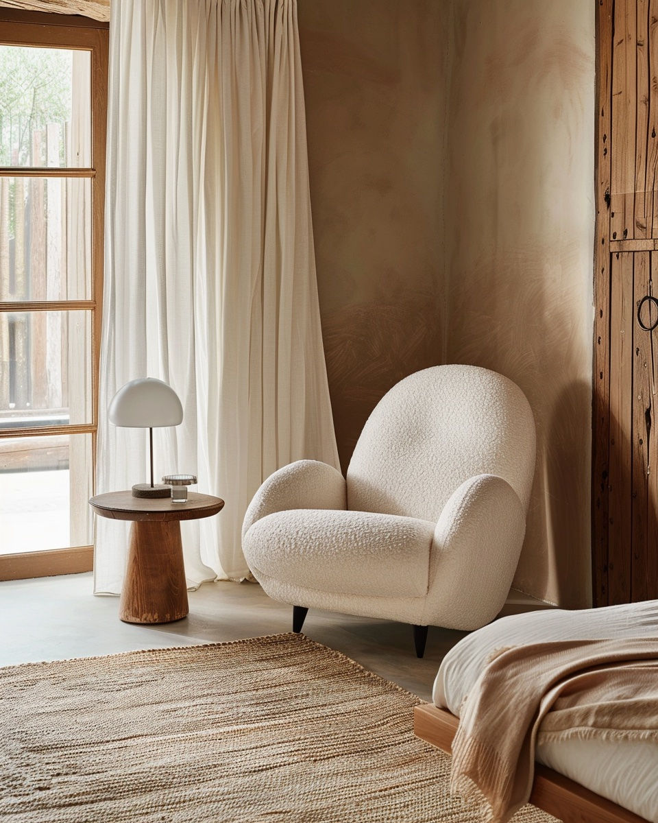 Layered linen curtains and textured textiles in Scandinavian bedroom, 2026 interior trend.