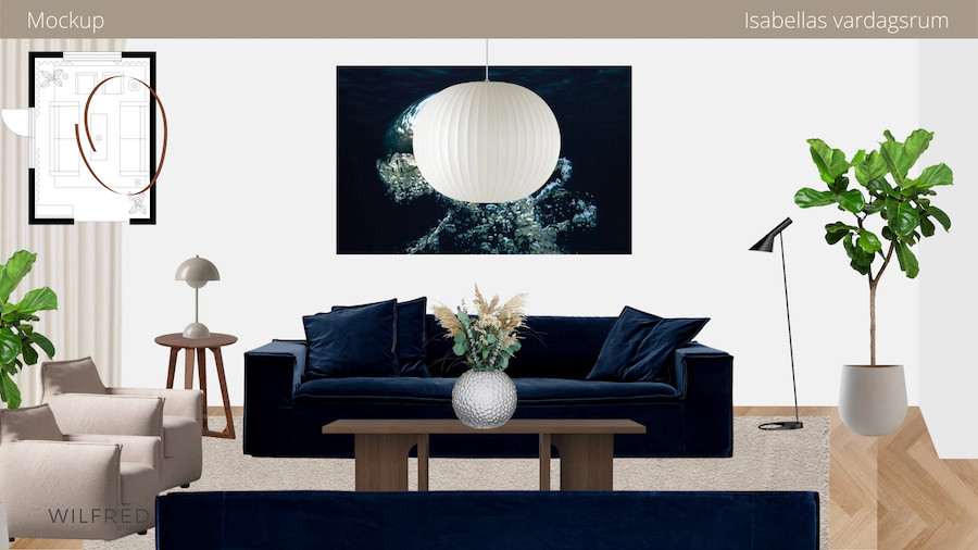 Inredning vardagsrum Isabella Löwengrip Blondinbella Mockup