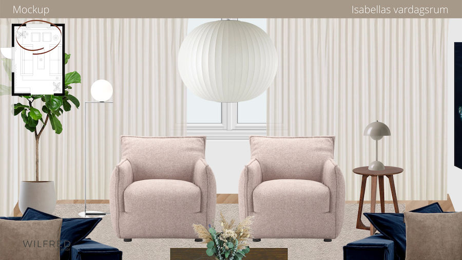 Inredning vardagsrum Isabella Löwengrip Blondinbella Mockup