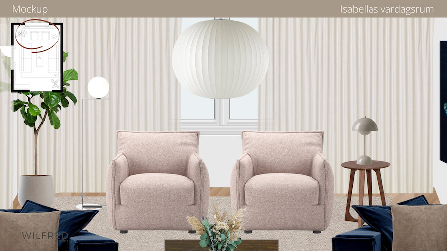 Inredning vardagsrum Isabella Löwengrip Blondinbella Mockup