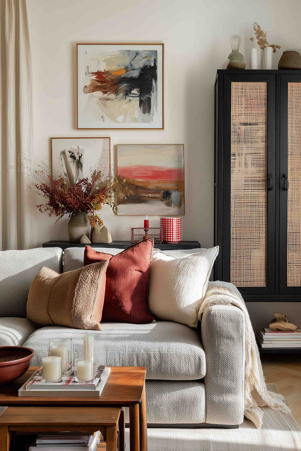 Layered interior styling 2026 with books, art and textured textiles.