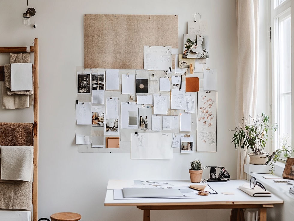 Kreativt inredningskontor med inspirationsvägg, prover och skisser – typisk miljö för en inredningskurs på distans.