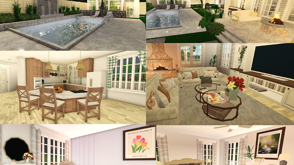 Collage av ett digitalt Bloxburg-hem: trädgård med pool, mysigt vardagsrum, stilfullt kök, sovrum med konstverk.