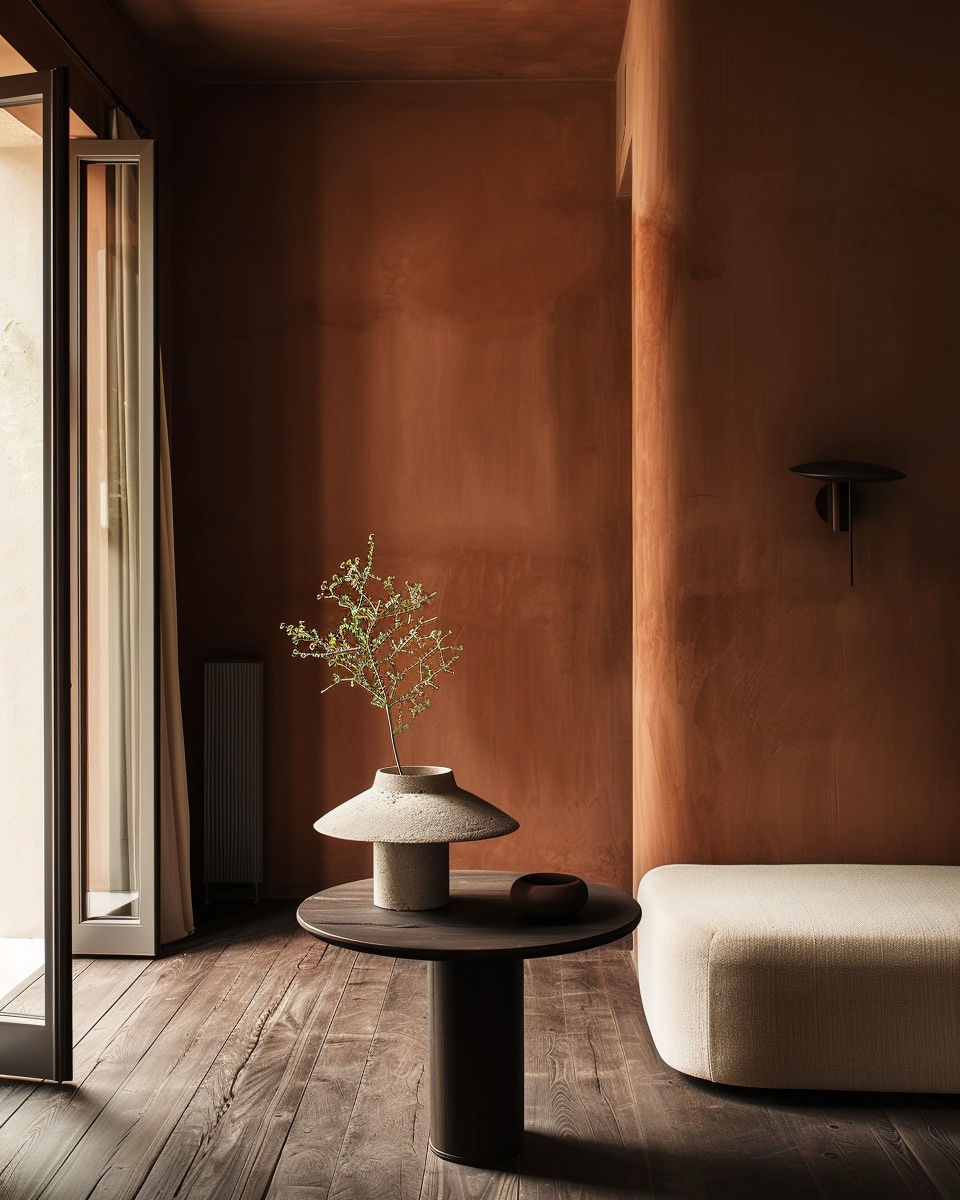 Burnt terracotta walls in a modern European living room, trending interior colors 2026.