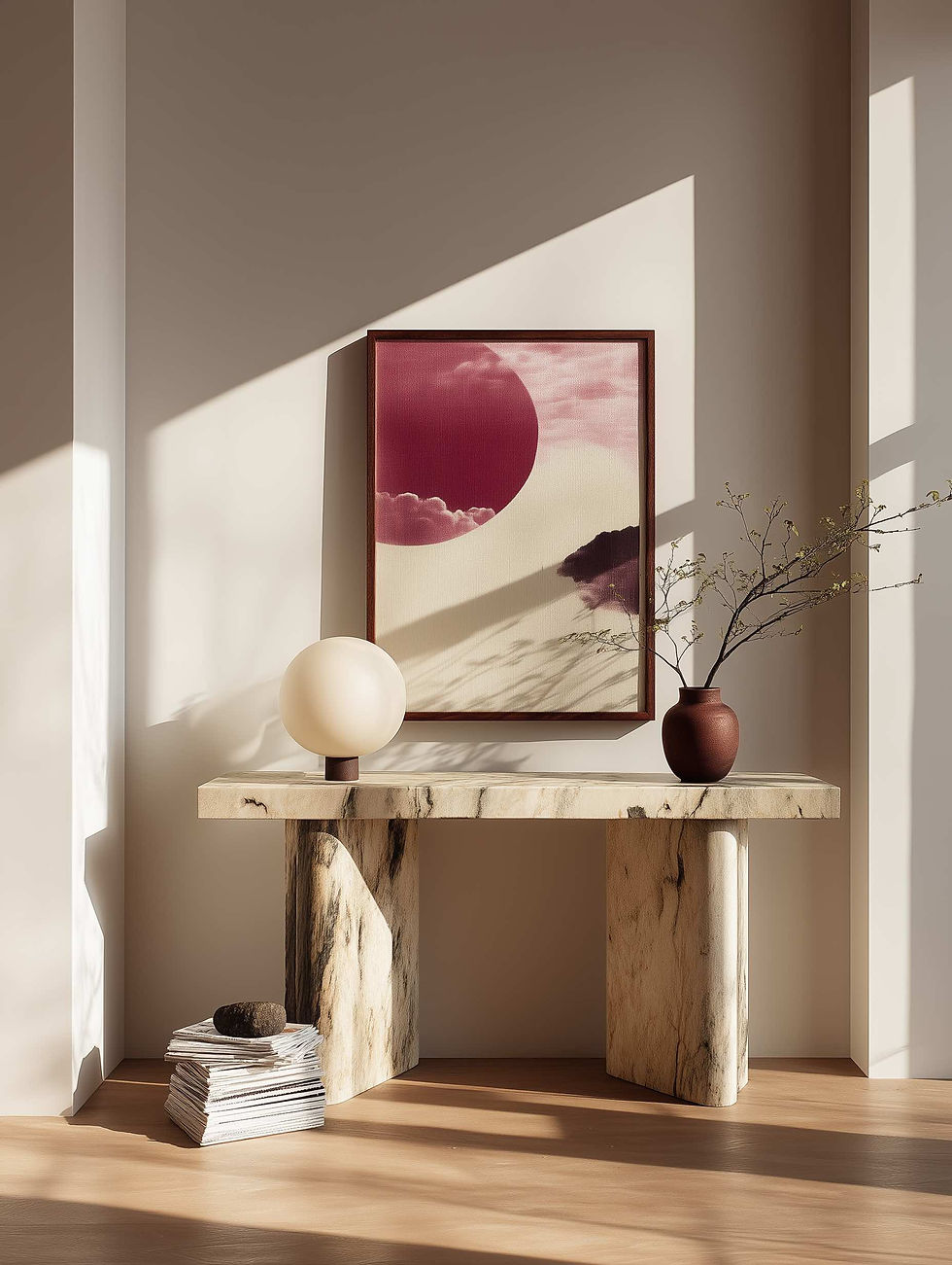 Minimal styled console table 2026 demonstrating negative space and editing.