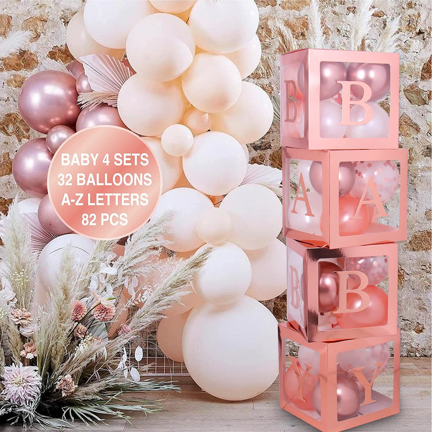 82PCS Rose Gold Baby Shower Decorations For Girl Kit - Jumbo Transparent Baby Bl