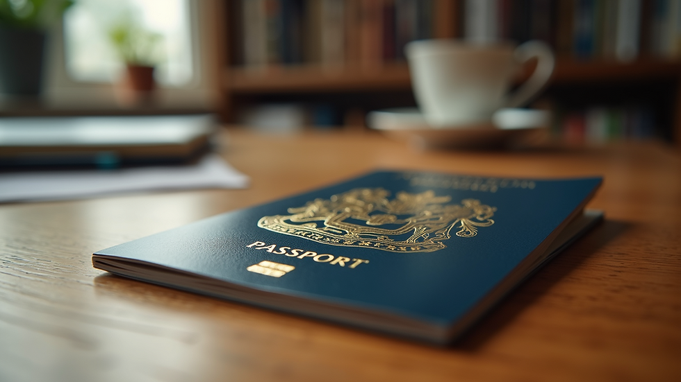 Eye-level view of a British passport on a wooden table