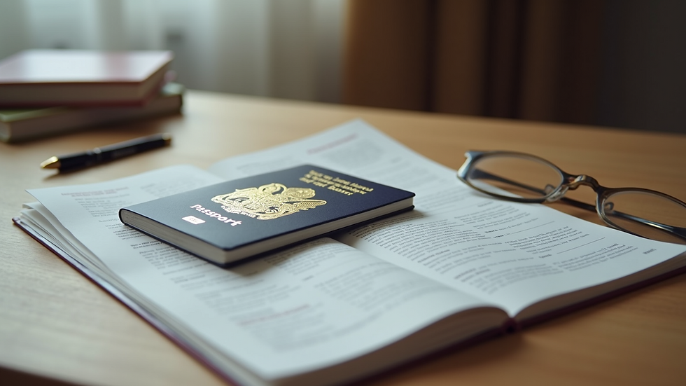 High angle view of family documents and UK passport on table