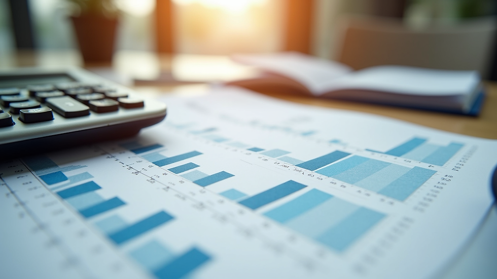 Close-up view of financial documents and calculator on a desk