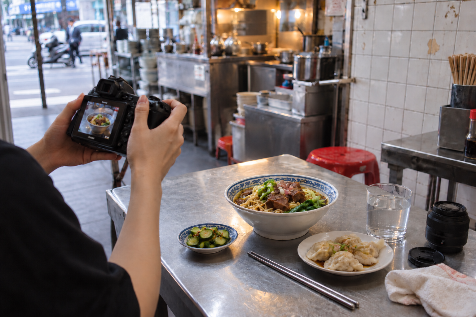Hands photographing noodles and dumplings in a local restaurant