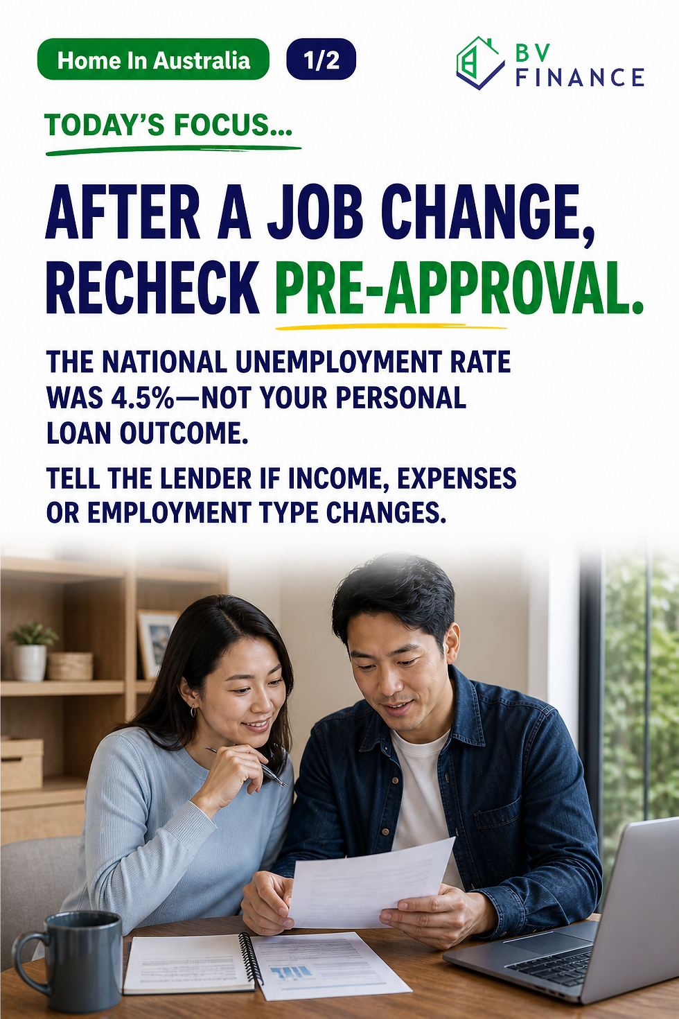 Australian couple reviewing updated employment and home-loan documents after a job change