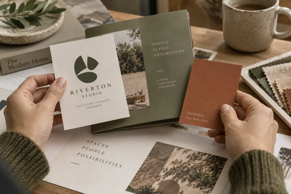Hands reviewing coordinated printed brand identity materials