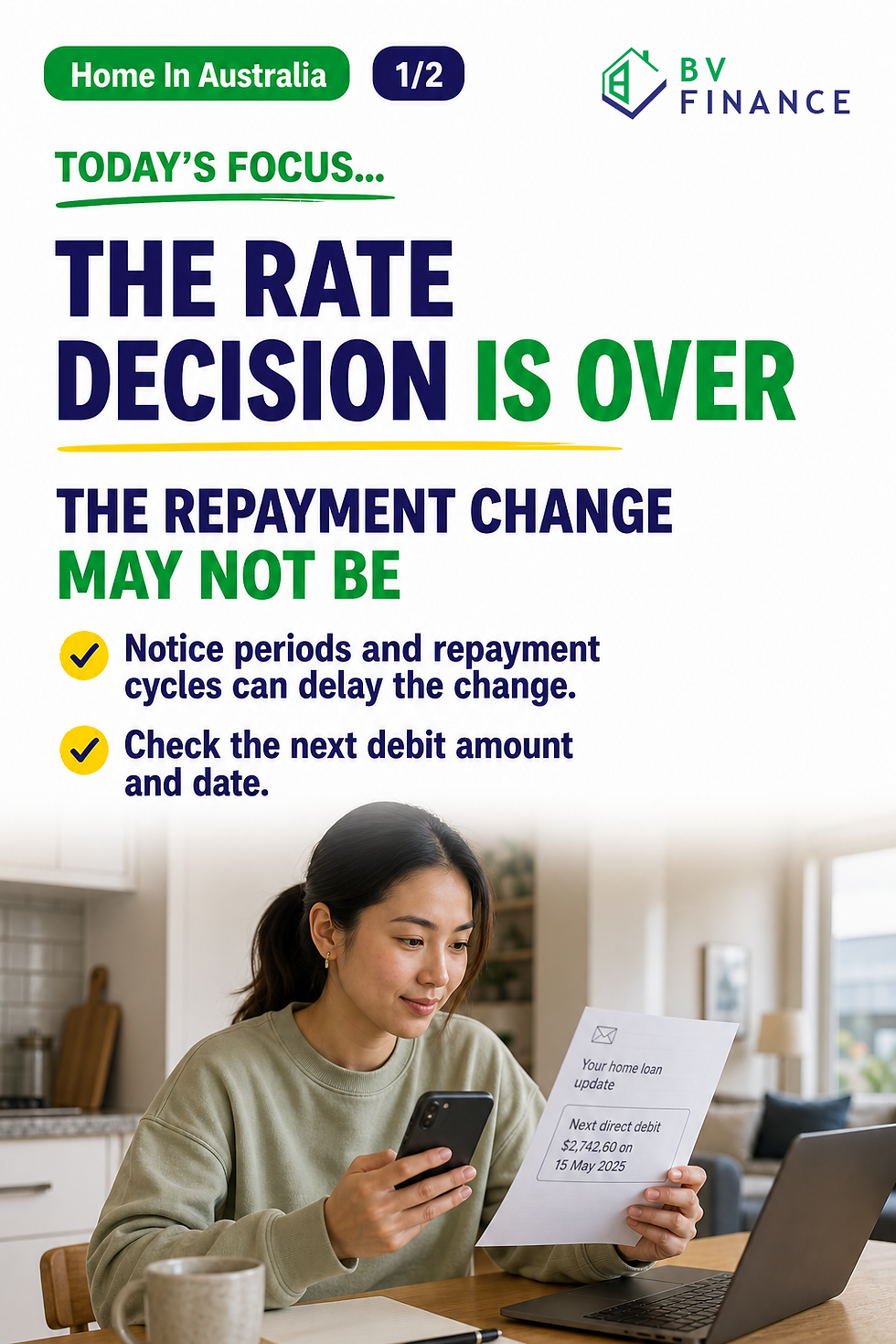 Home-loan borrower checking a lender notice, effective date and next scheduled debit