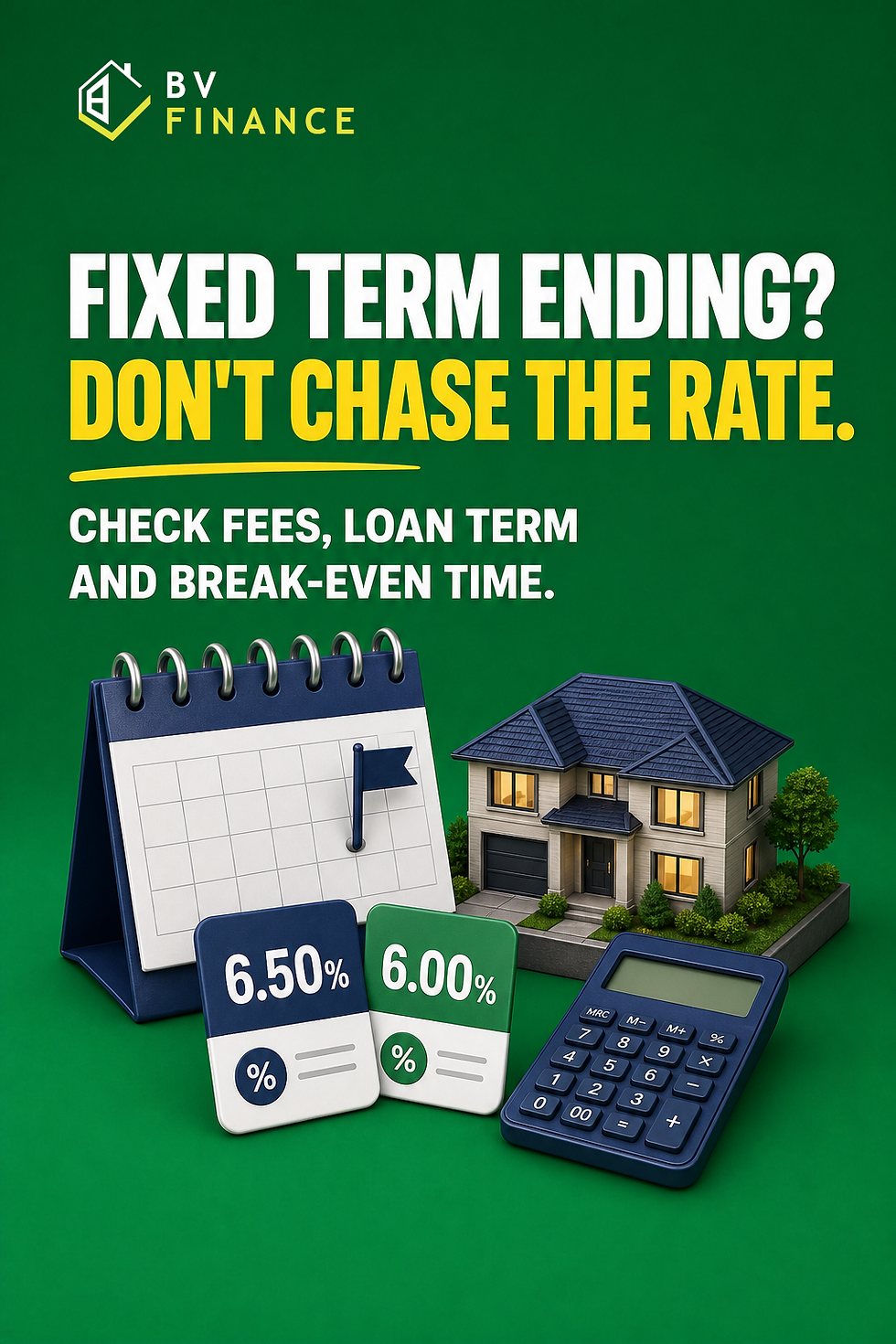 BV Finance graphic comparing 6.50 and 6.00 percent home loan rates as a fixed term ends