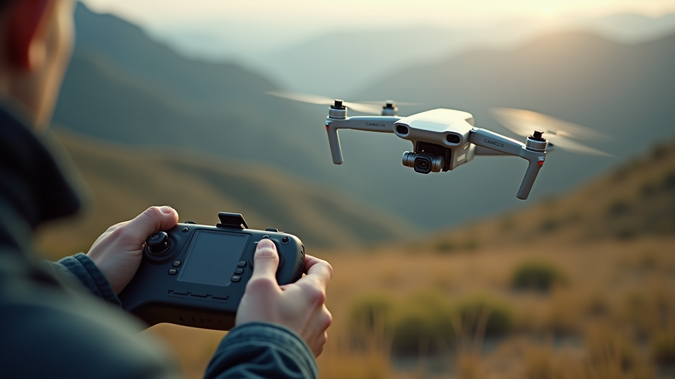 Eye-level view of drone operator controlling drone during a shoot