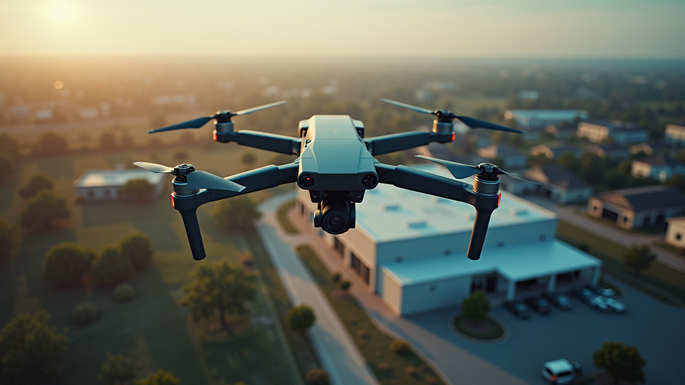 Wide angle view of drone capturing a commercial property from above