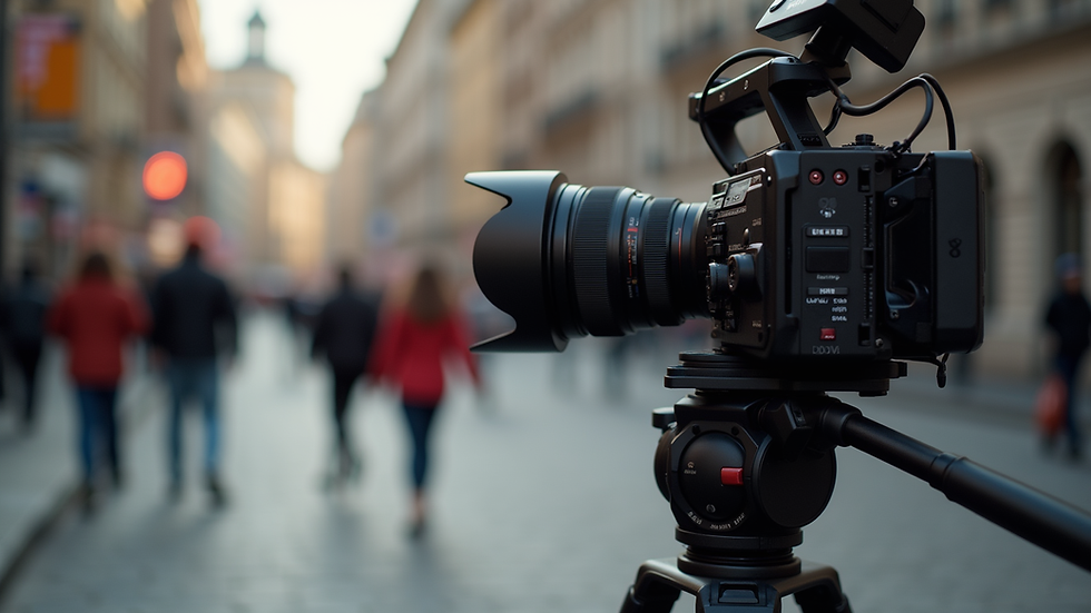 Close-up view of a professional video camera on a tripod during a shoot