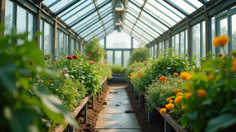 Wide angle view of a modern greenhouse filled with vibrant plants