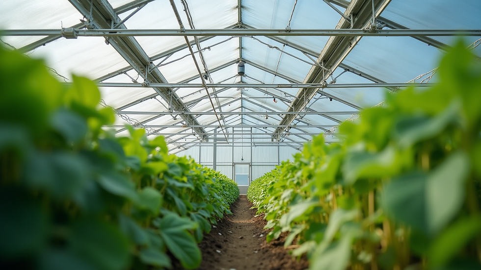 Close-up view of a modern greenhouse with climate control systems