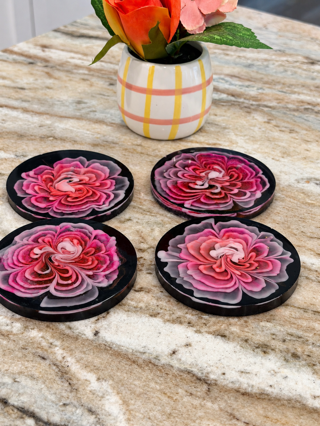 Pink Floral Resin Bloom Coaster Set