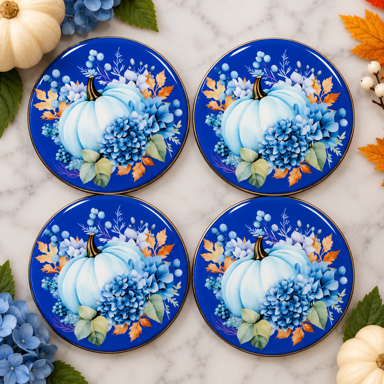 Blue Harvest Pumpkin Coaster Set