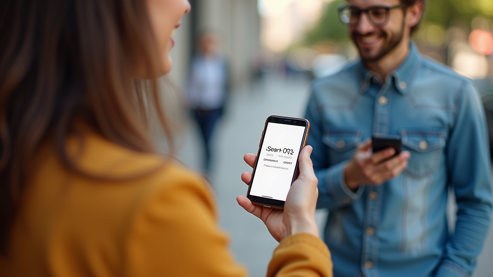 Eye-level view of a happy customer sharing a referral discount on a smartphone