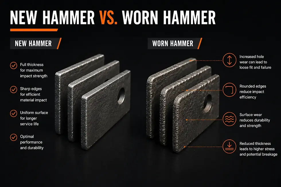 Infographic comparing NEW HAMMER vs. WORN HAMMER, showing three metal plates each on a black background with wear labels.