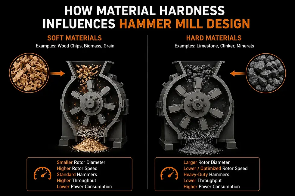 Infographic comparing hammer mill design for soft and hard materials, with wood chips and rocks feeding two mill diagrams.