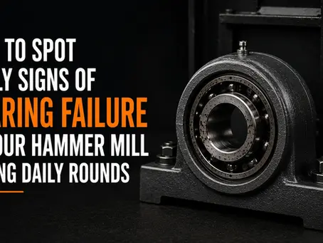 Black poster of a metal bearing with text about early signs of bearing failure in a hammer mill during daily rounds