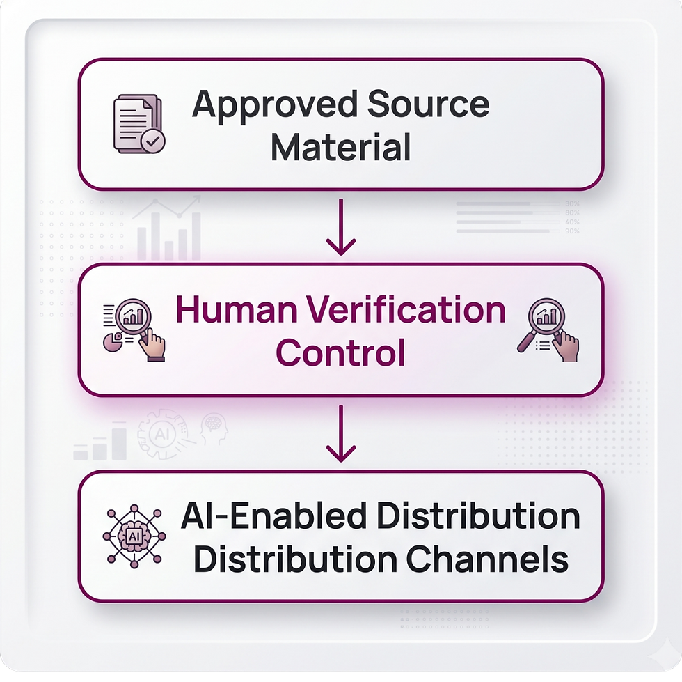 A top-to-bottom flowchart. Step 1: Approved Source Material, followed by a magenta arrow. Step 2: Human Verification Control with magnifying glass icons, followed by a magenta arrow. Step 3: AI-Enabled Distribution Distribution Channels with a magenta circuit icon.
