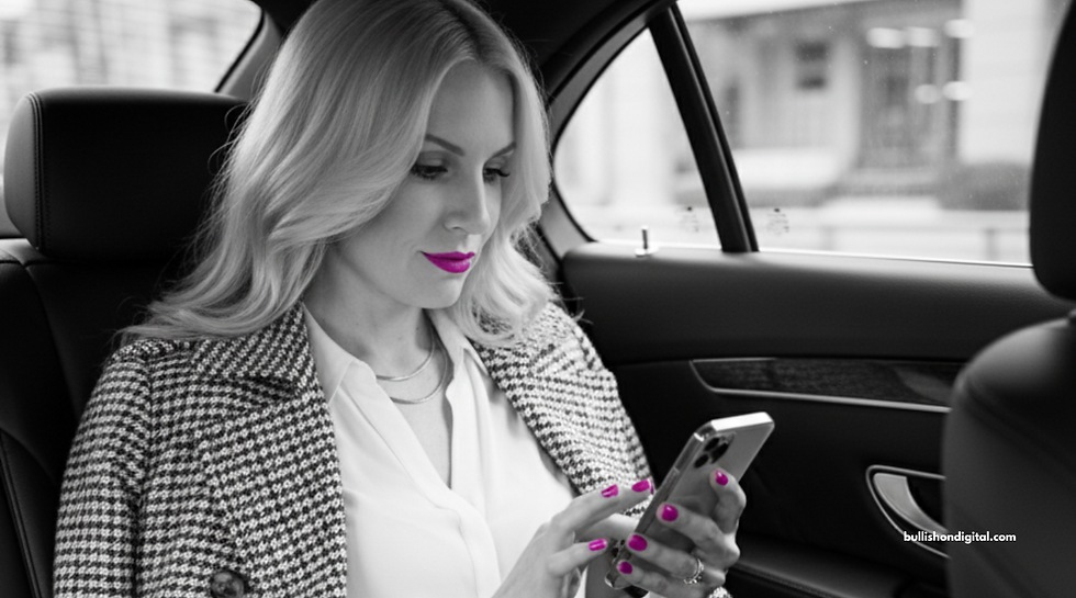 A woman with blonde hair, sitting in the back seat of a car, looks at her smartphone. The black-and-white photo highlights her bright magenta lipstick and nails, symbolizing copper consumption through everyday technology like smartphones and rideshare apps.