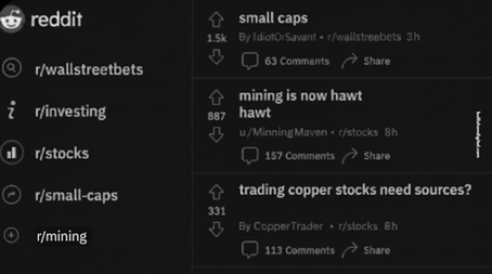 A black-and-white screenshot of Reddit’s interface showing investing subreddits, including r/small-caps, r/stocks, and r/mining. Visible thread titles include: ‘small caps,’ ‘mining is now hawt hawt,’ and ‘trading copper stocks need sources?’ This represents how retail investors gather online to share ideas and influence markets.