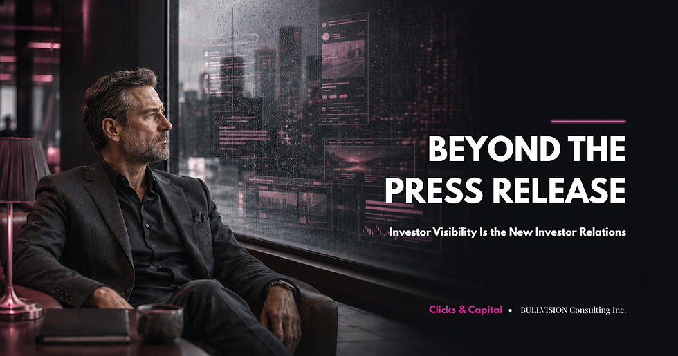 Executive looking through a rain-covered window reflecting search, social media, AI summaries, company websites and financial news.