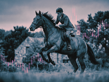 Black and white editorial image of a tense horse and rider on a trail, featuring a faint, volatile magenta stock market candlestick chart overlay to illustrate small-cap market panic and executive control.
