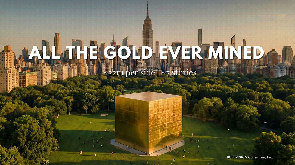 All the gold ever mined visualized as a 22 meter cube in Central Park with Manhattan skyline