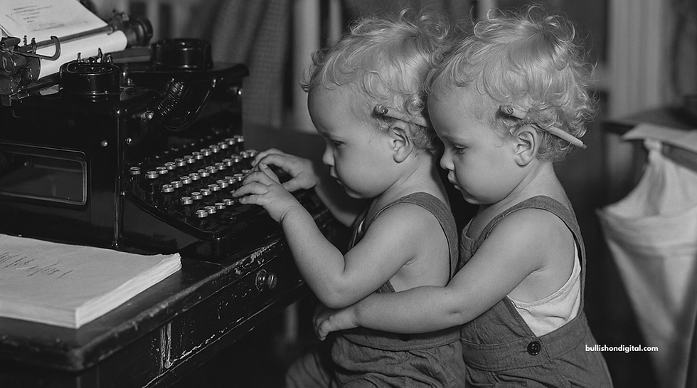 Black and white photo of two babies at a typewriter, visually representing the feeling of 'if only there were two of me' to handle a heavy workload.