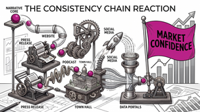 Black and white Rube Goldberg machine diagram titled "The Consistency Chain Reaction". Small magenta balls representing the "Narrative Core" travel smoothly through interconnected contraptions labeled Website, Press Release, Podcast, Town Hall, Social Media, and Data Portals, ultimately raising a large magenta flag that reads "Market Confidence."