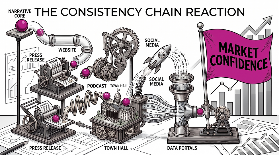 Black and white Rube Goldberg machine diagram titled "The Consistency Chain Reaction". Small magenta balls representing the "Narrative Core" travel smoothly through interconnected contraptions labeled Website, Press Release, Podcast, Town Hall, Social Media, and Data Portals, ultimately raising a large magenta flag that reads "Market Confidence."