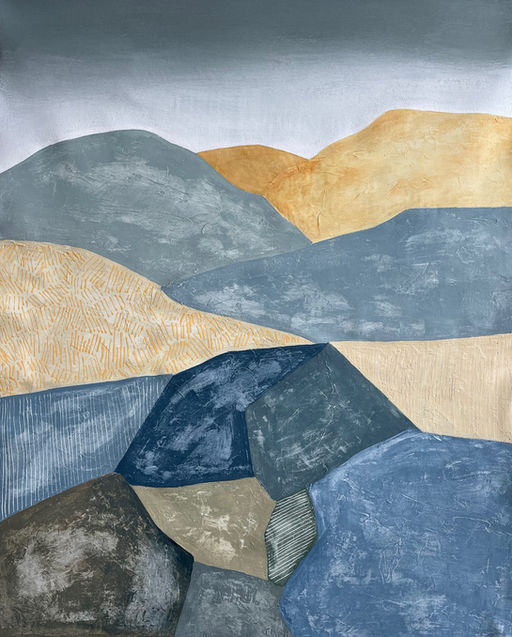 paysage figuratif et abstrait fait avec de la peinture acrylique avec des couleurs pastels présentant une ligne d'horizon dans le haut du tableau  