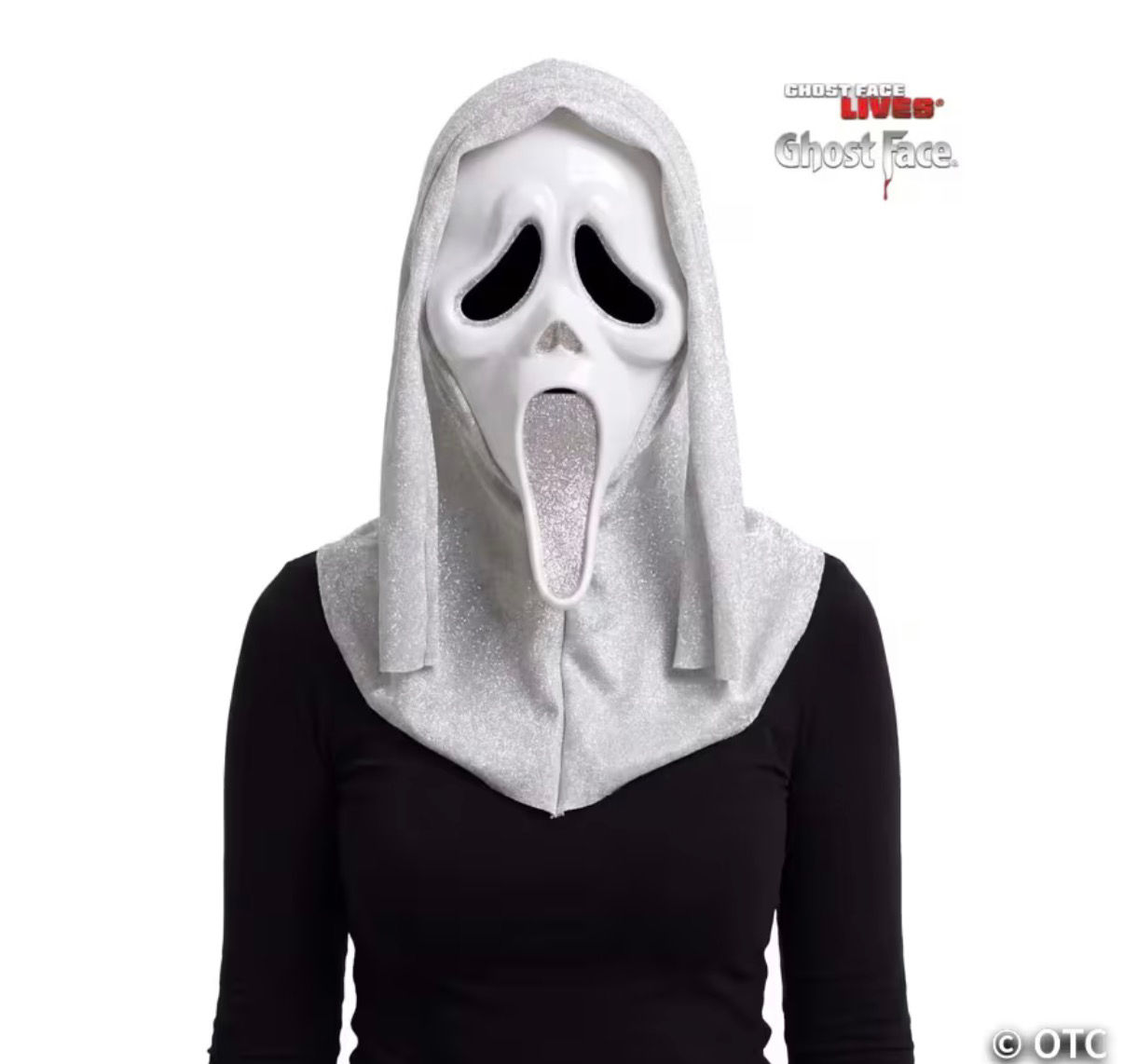 Fun World Ghost Face Silver Glitter Mask with matching shimmering silver hood