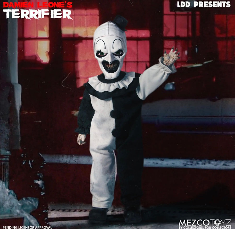 Mezco Toyz Living Dead Dolls Presents Terrifier Art the Clown collectible with black-and-white costume and meat cleaver