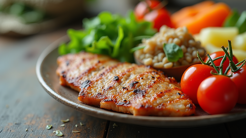 Close-up view of a balanced meal with vegetables, lean protein, and grains