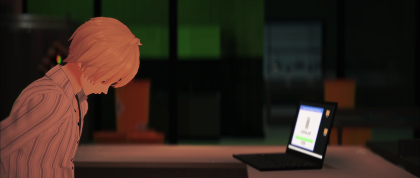 Still from "The Penrose Protocol." Evan sits handcuffed next to a laptop with his head low.