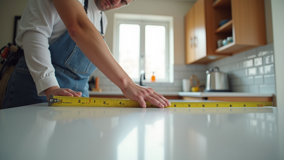Eye-level view of a contractor measuring a kitchen countertop