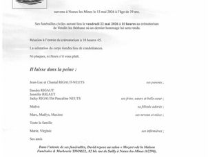 David RIGAUT décédé le 13 mai 2026 à Noeux les Mines