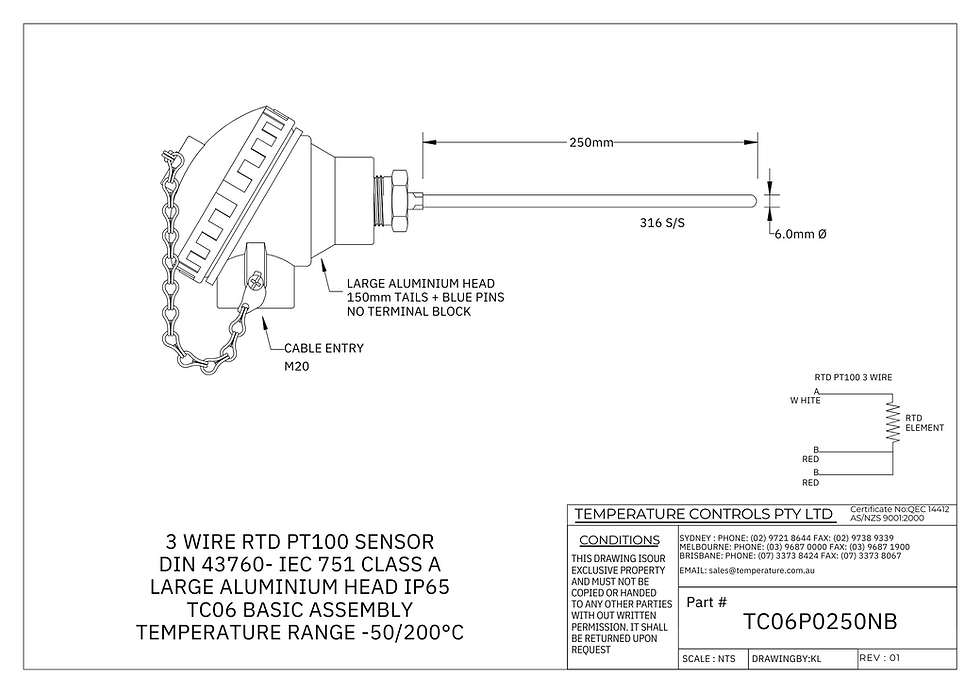 Thumbnail: RTD PT100 Class A Temperature Sensor – 3 Wire, 6.0 x 250mm with Aluminium Head