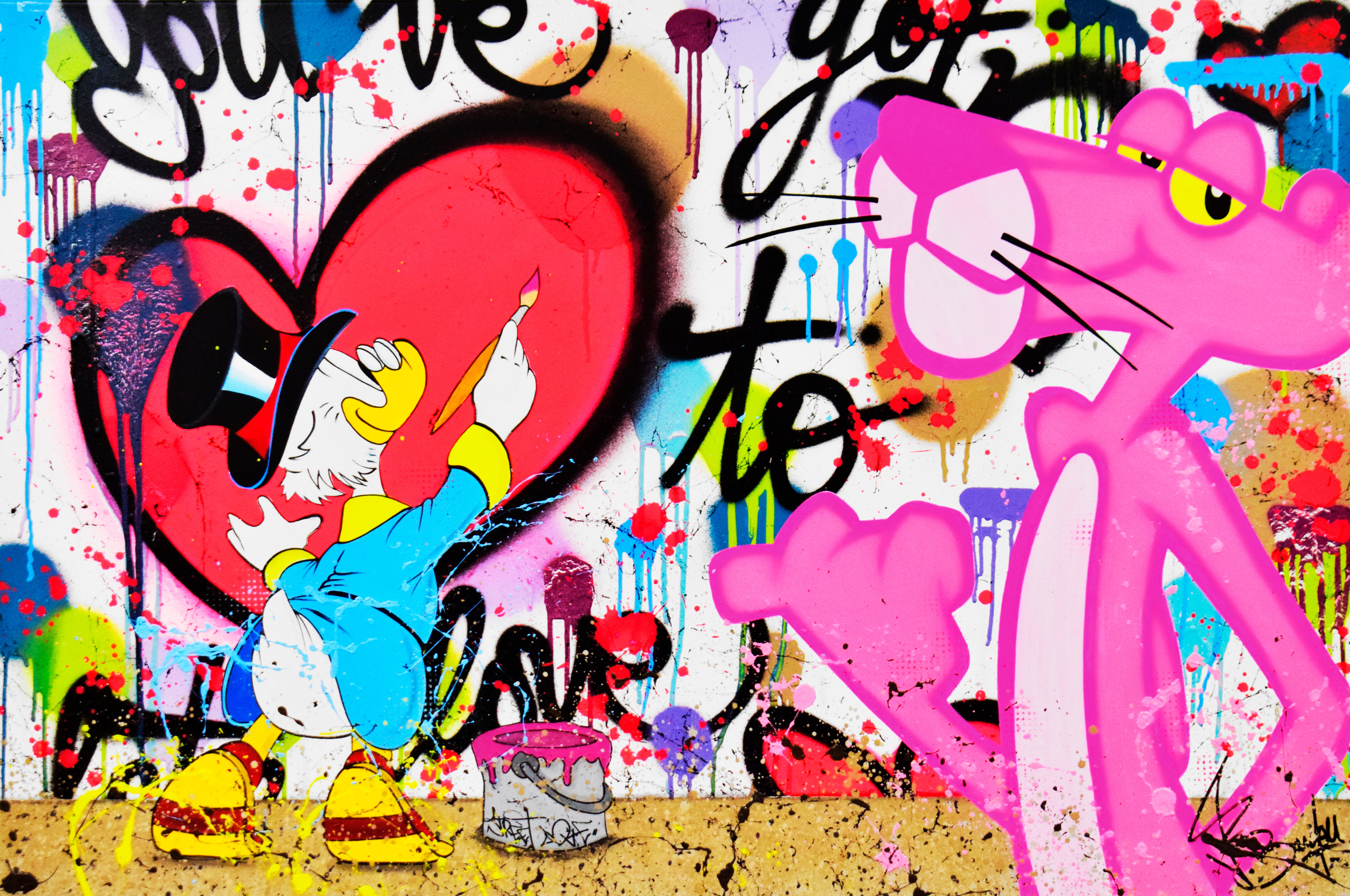 Tableau La Panthère Rose et Picsou sur toile par Vincent Bardou. Style street art multicolore et graffiti pour déco pop origi