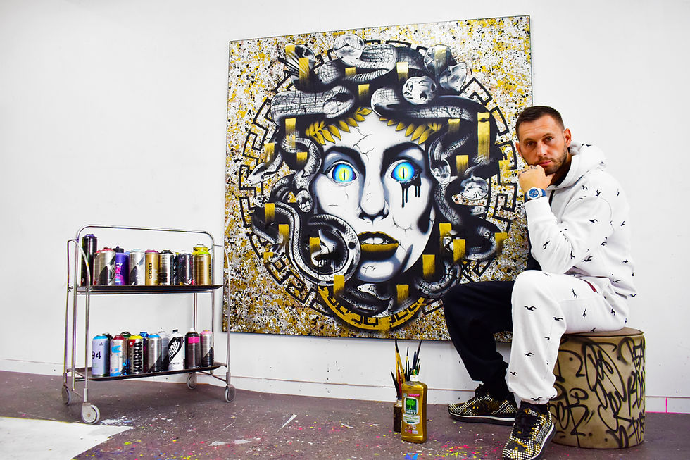 Miniature : Tableau Medusa street art femme serpent, œuvre contemporaine en graffiti et peinture moderne. Portrait abstrait multicolore